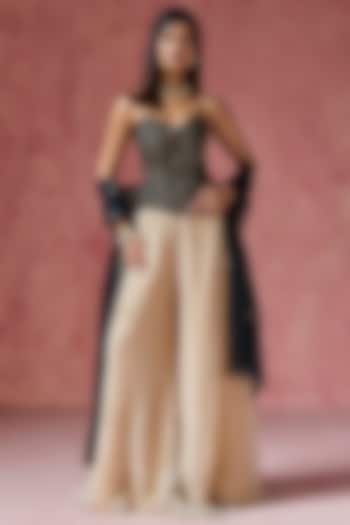 Beige Crushed Tissue & Velvet Pant Set by Saanjh by Lea at Pernia's Pop Up Shop
