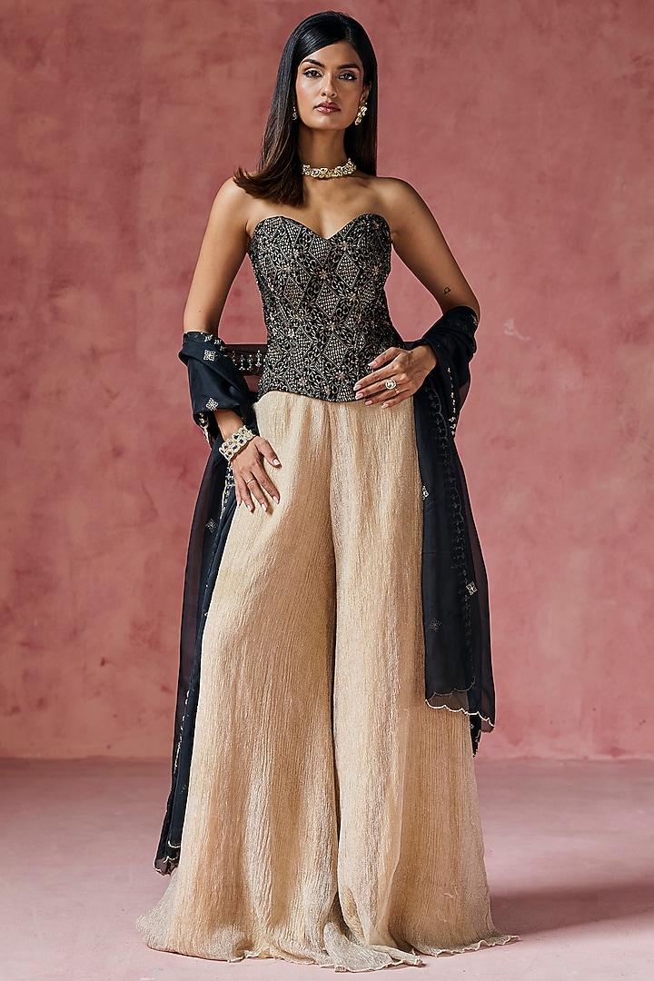 Beige Crushed Tissue & Velvet Pant Set by Saanjh by Lea at Pernia's Pop Up Shop