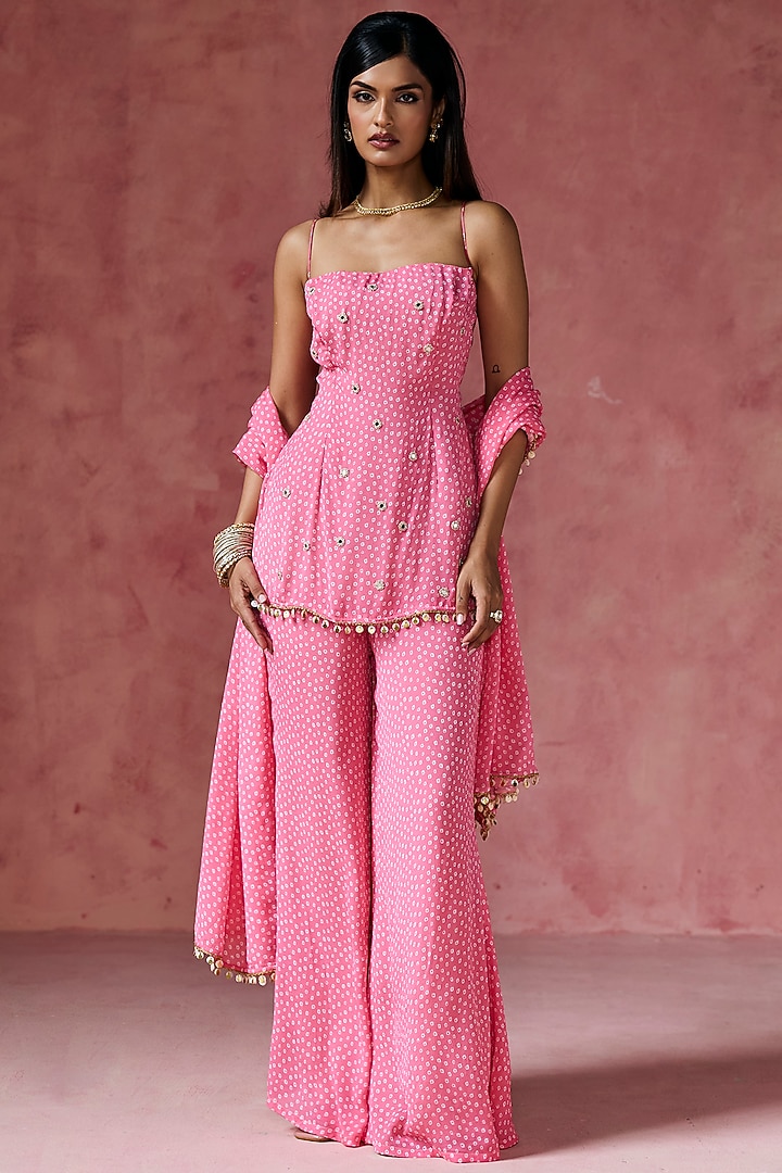 Pink Bandhani Sharara Set by Saanjh by Lea at Pernia's Pop Up Shop