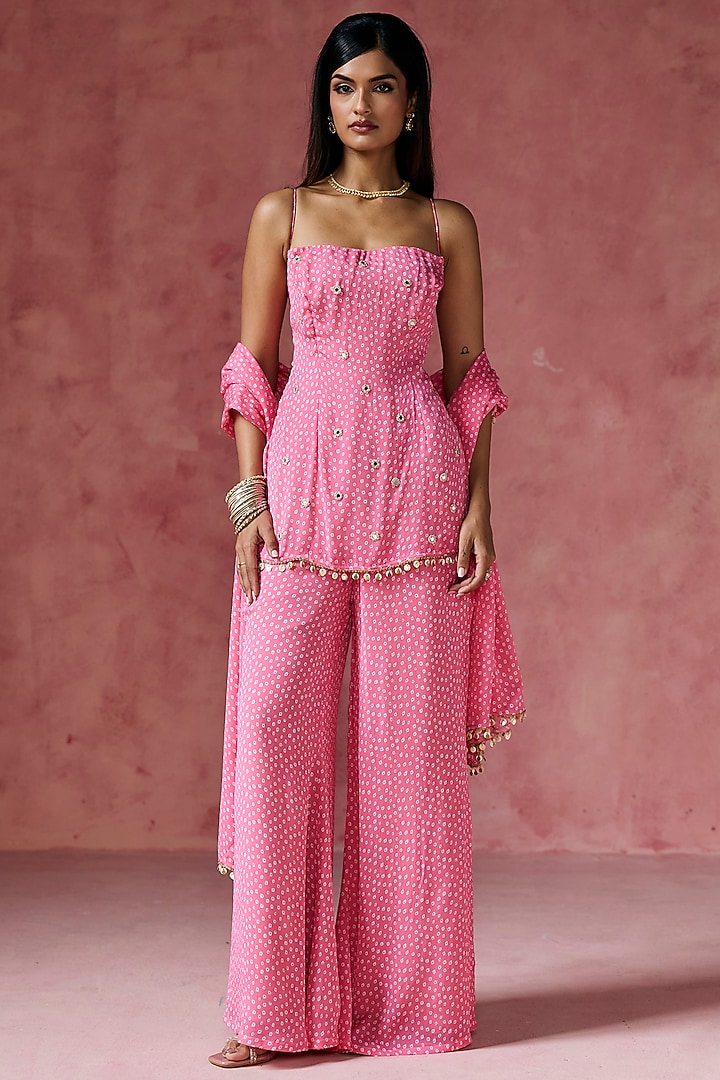 Pink Bandhani Sharara Set by Saanjh by Lea at Pernia's Pop Up Shop