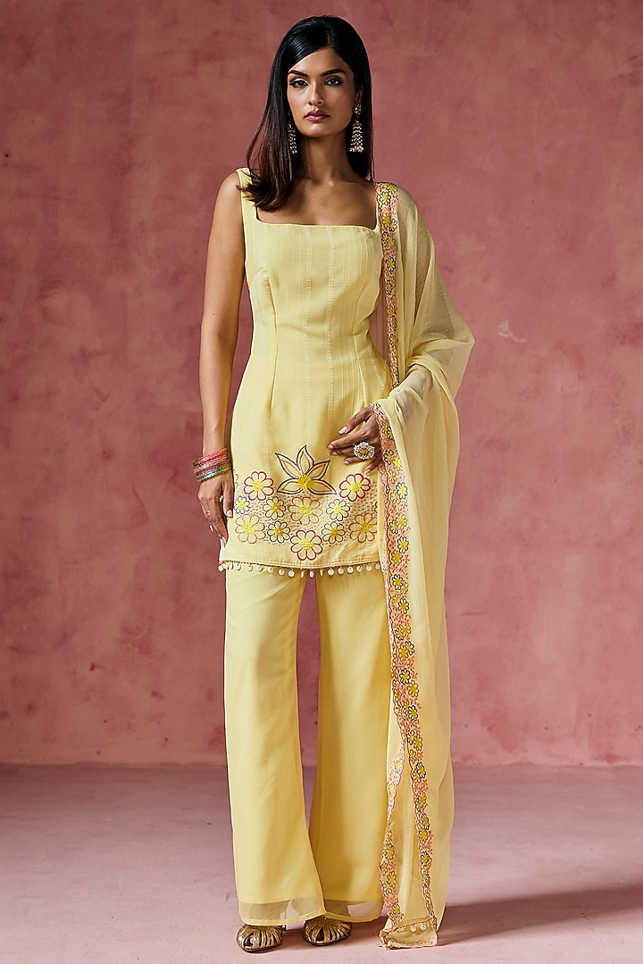 Yellow Chiffon Sharara Set by Saanjh by Lea at Pernia's Pop Up Shop