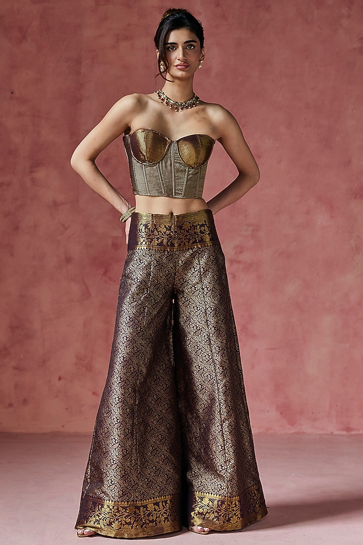 Bronze Banarasi Sharara Set by Saanjh by Lea at Pernia's Pop Up Shop