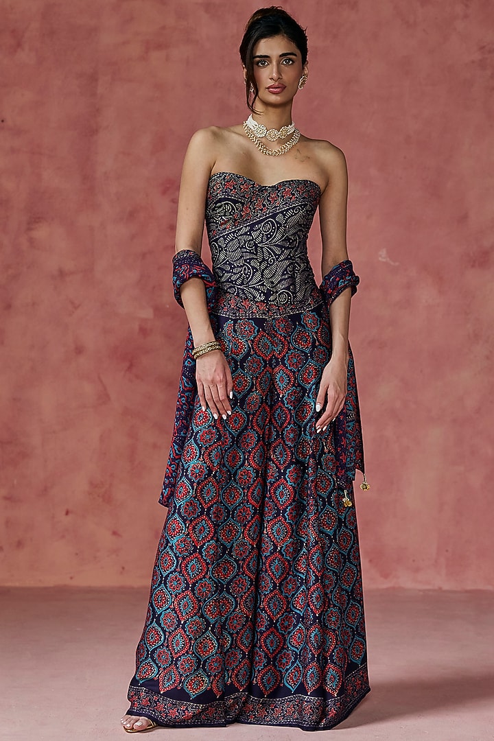 Blue Modal Printed Gharara Set by Saanjh by Lea at Pernia's Pop Up Shop