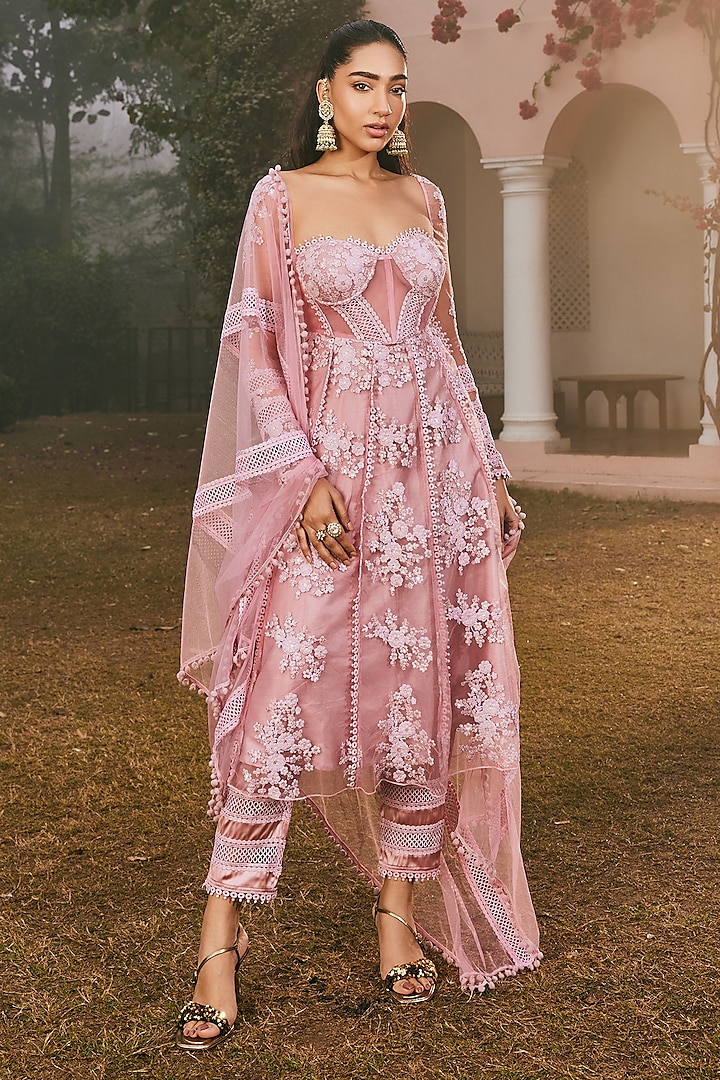 Blush Pink Mesh Embroidered Anarkali Set by Saanjh by Lea