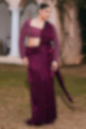 Plum Crinkled Chiffon Pre-Draped Wedding Saree Set by Saanjh by Lea at Pernia's Pop Up Shop