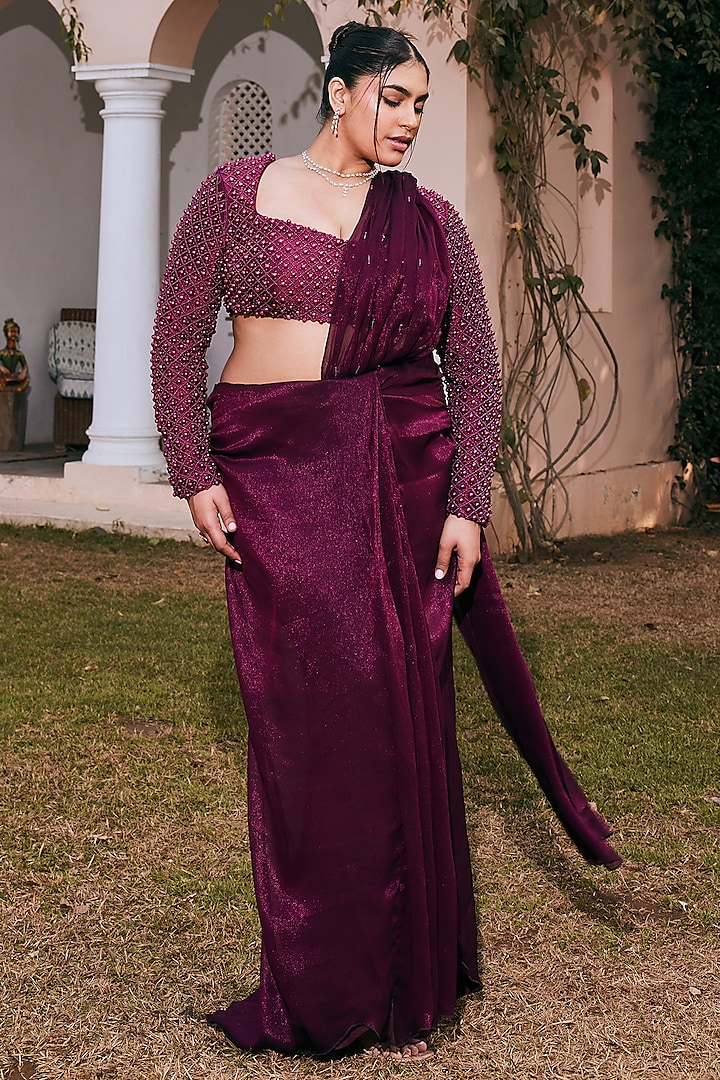 Plum Crinkled Chiffon Pre-Draped Wedding Saree Set by Saanjh by Lea at Pernia's Pop Up Shop
