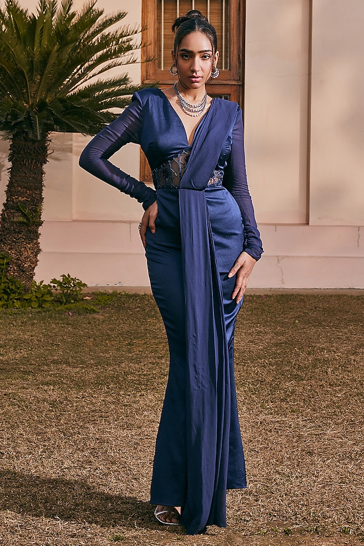 Navy Blue Shimmer Stretch Satin Gown Saree by Saanjh by Lea