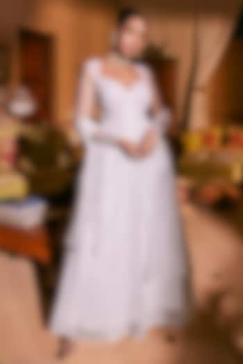 White Soft Mesh Embroidered Party Wear Anarkali Set by Saanjh by Lea at Pernia's Pop Up Shop