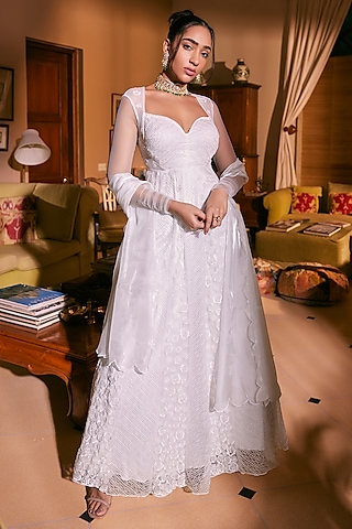 White Soft Mesh Embroidered Anarkali Set by Saanjh by Lea