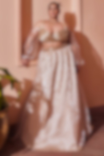 Gold Satin Organza Cutdana Hand Embroidered Wedding Lehenga Set by Saanjh by Lea at Pernia's Pop Up Shop