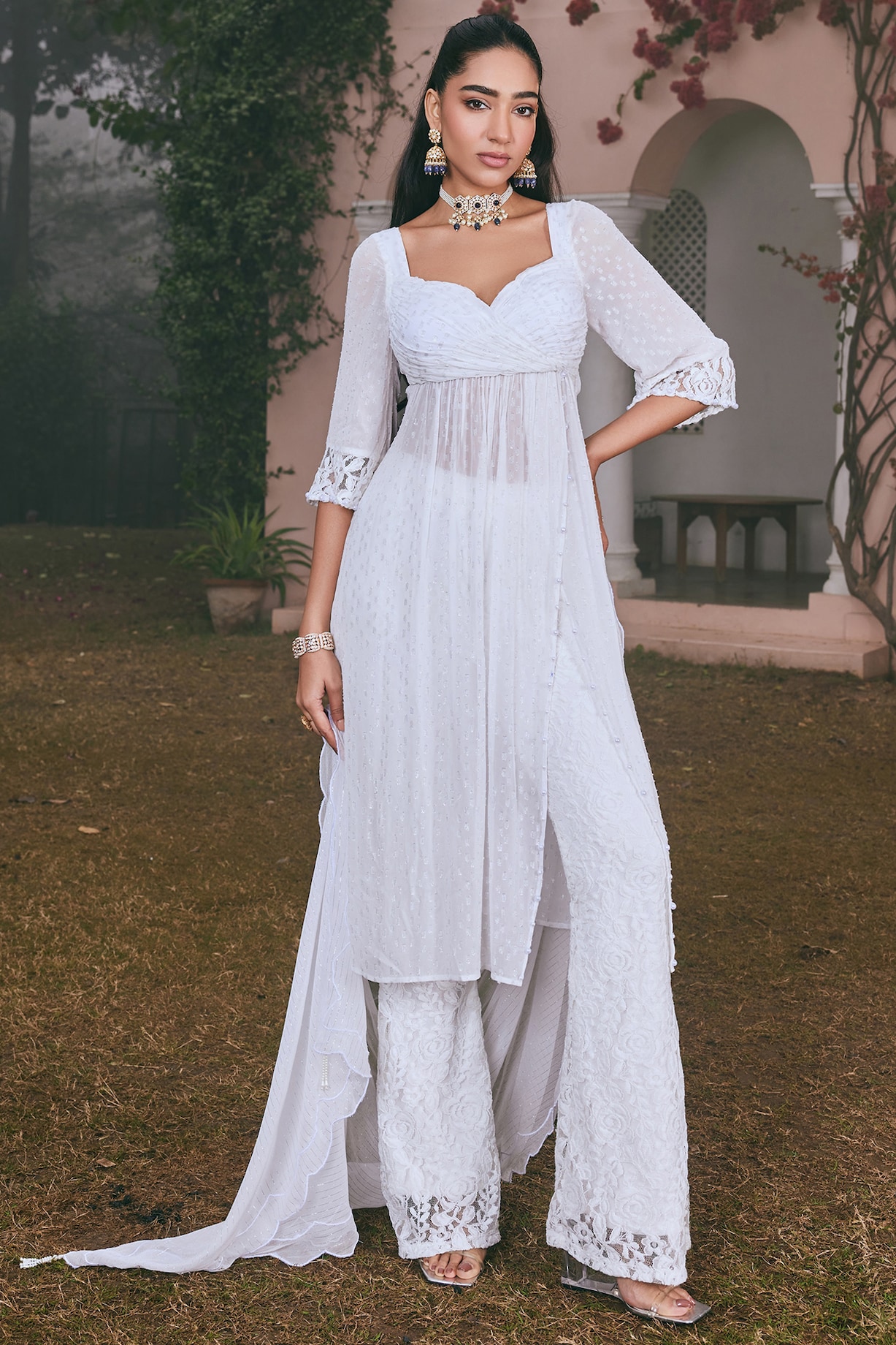 knee length dresses for ladies Ilaa Organza Off White Anarkali Kurta Set main image 0