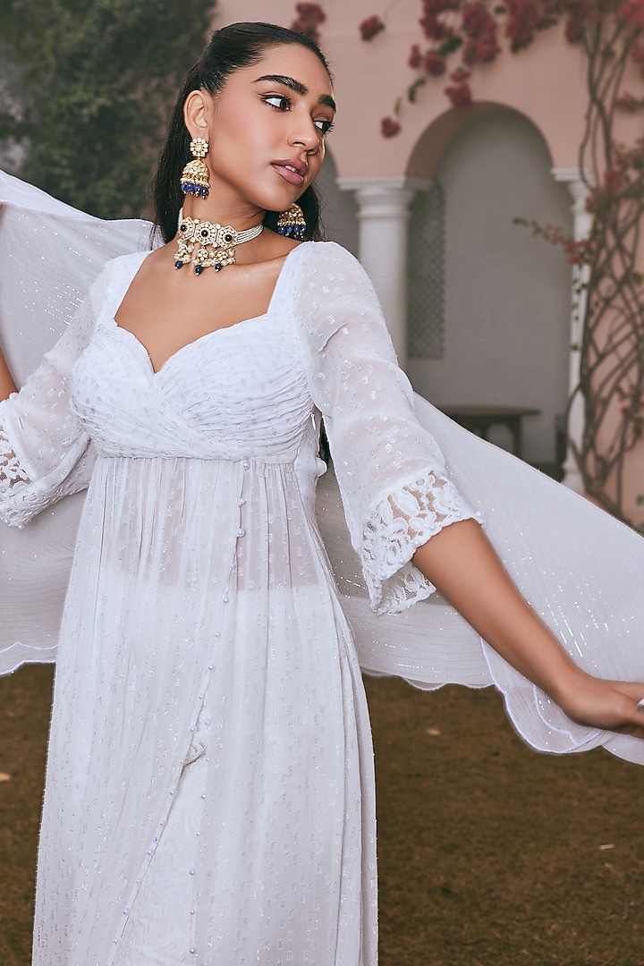 chinese dress ladies Off-White Embellished Tissue Silk Anarkali Set L / Tissue Silk / Made to Order 15-20 Days