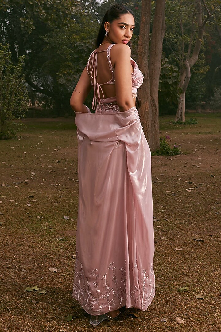 Mauve Shimmer Chiffon Hand Embroidered Draped Skirt Set by Saanjh by Lea at Pernia's Pop Up Shop