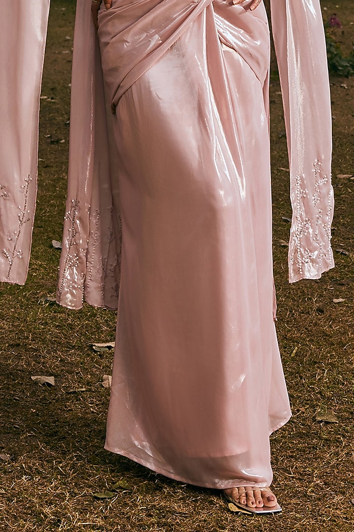 Mauve Shimmer Chiffon Hand Embroidered Draped Skirt Set by Saanjh by Lea at Pernia's Pop Up Shop
