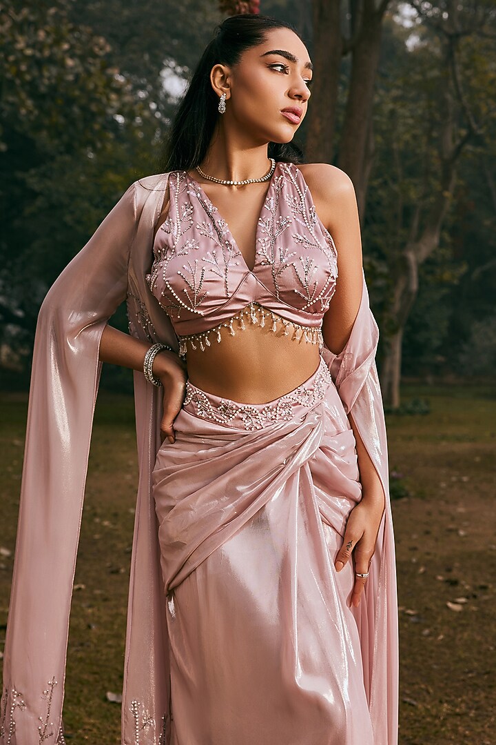 Mauve Shimmer Chiffon Hand Embroidered Draped Skirt Set by Saanjh by Lea at Pernia's Pop Up Shop