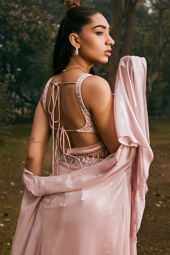 Mauve Shimmer Chiffon Hand Embroidered Draped Skirt Set by Saanjh by Lea at Pernia's Pop Up Shop