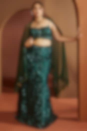 Emerald Green Silk Embroidered Sequins Lehenga Set by Saanjh by Lea