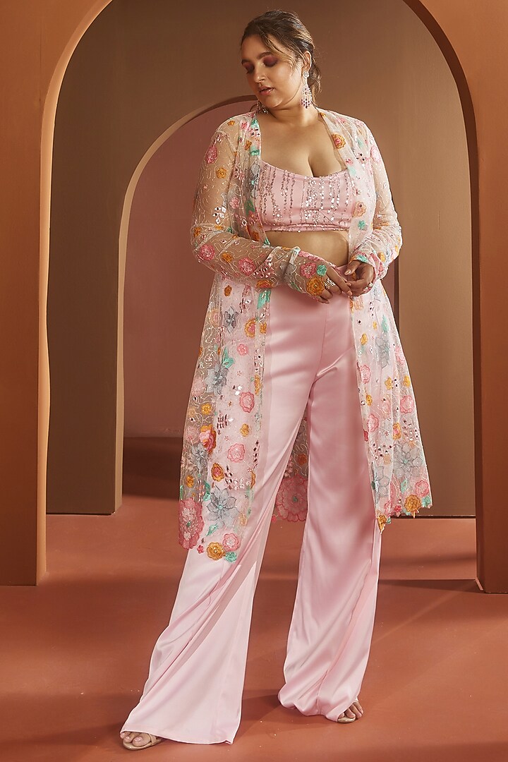 Baby Pink Soft Organza & Satin Hand Embroidered Co-Ord Set by Saanjh by Lea at Pernia's Pop Up Shop