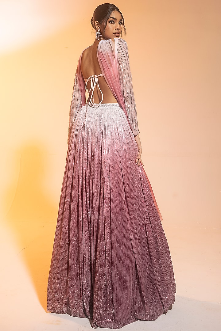Pink & Silver Ombre Mesh Embroidered Wedding Lehenga Set by Saanjh by Lea at Pernia's Pop Up Shop