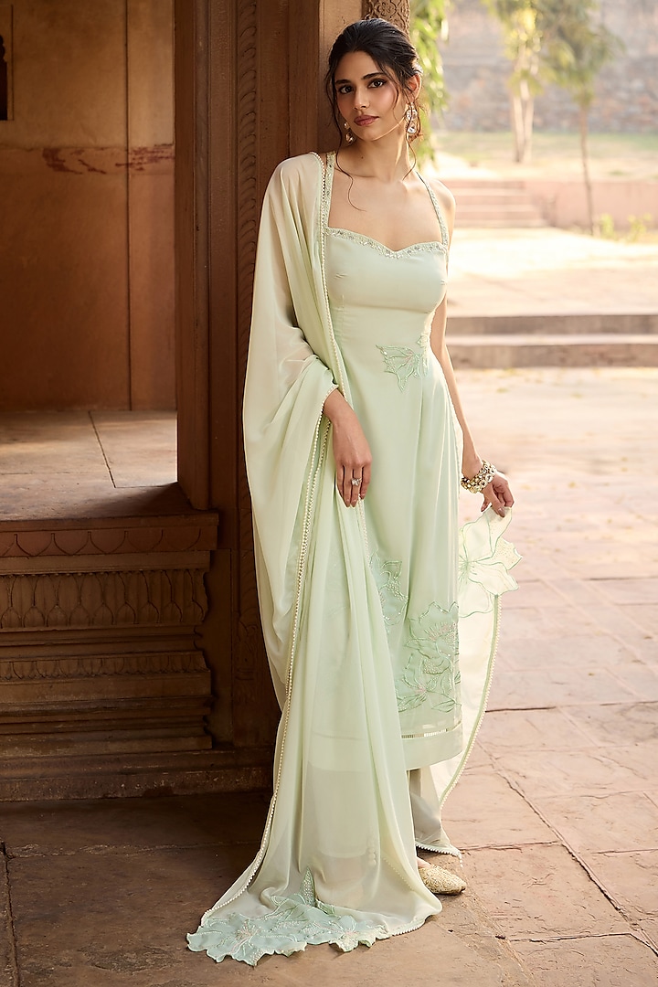 Pista Green Georgette Pearl Embroidered Kurta Set by Saanjh by Lea at Pernia's Pop Up Shop