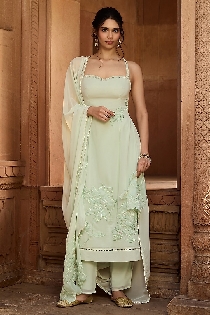 Pista Green Georgette Pearl Embroidered Kurta Set by Saanjh by Lea at Pernia's Pop Up Shop