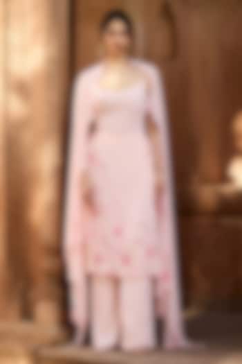 Baby Pink Poly Georgette Floral Embroidered Kurta Set by Saanjh by Lea at Pernia's Pop Up Shop