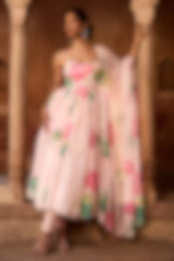 Baby Pink Organza Floral Printed Party Wear Anarkali Set by Saanjh by Lea at Pernia's Pop Up Shop