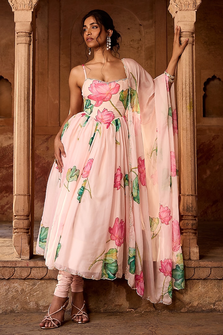 Baby Pink Organza Floral Printed Party Wear Anarkali Set by Saanjh by Lea at Pernia's Pop Up Shop
