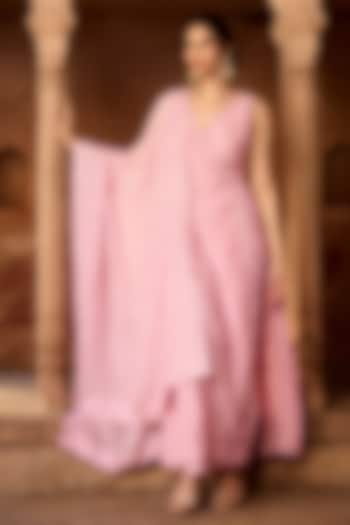 Light Pink Mulmul Floral Embroidered Angrakha Kurta Set by Saanjh by Lea at Pernia's Pop Up Shop