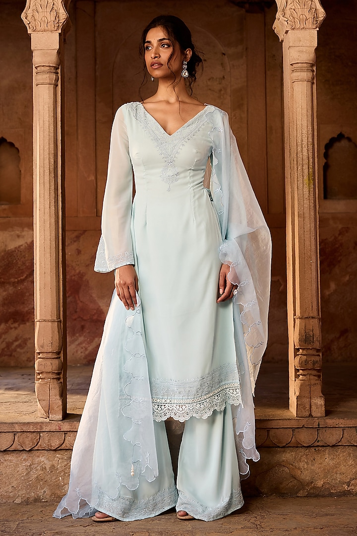Baby Blue Georgette Machine Embroidered Kurta Set by Saanjh by Lea at Pernia's Pop Up Shop