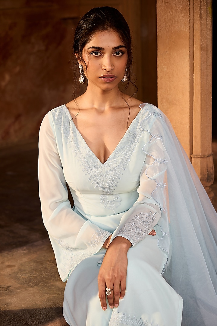 Baby Blue Georgette Machine Embroidered Kurta Set by Saanjh by Lea at Pernia's Pop Up Shop