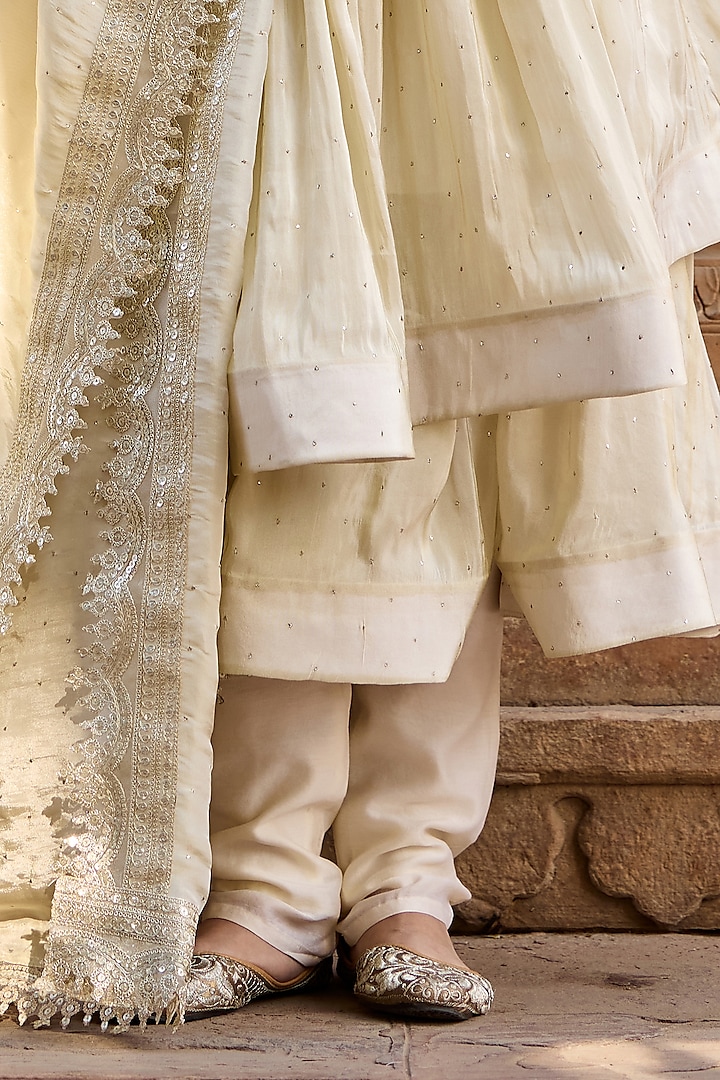 White Tissue Mukesh Work Layered Party Wear Anarkali Set by Saanjh by Lea at Pernia's Pop Up Shop