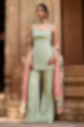 Pastel Green Chanderi Mirror Hand Embroidered Kurta Set by Saanjh by Lea at Pernia's Pop Up Shop