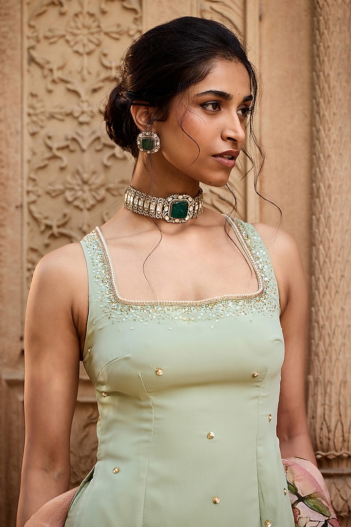 Pastel Green Chanderi Mirror Hand Embroidered Kurta Set by Saanjh by Lea at Pernia's Pop Up Shop