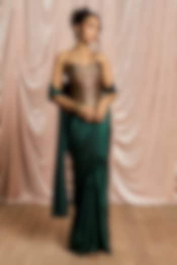 Green Satin Draped Festive Saree Set by Saanjh by Lea at Pernia's Pop Up Shop