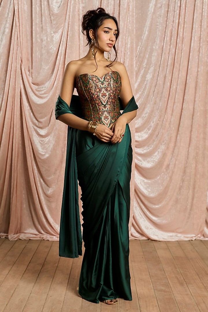 Green Satin Draped Festive Saree Set by Saanjh by Lea at Pernia's Pop Up Shop