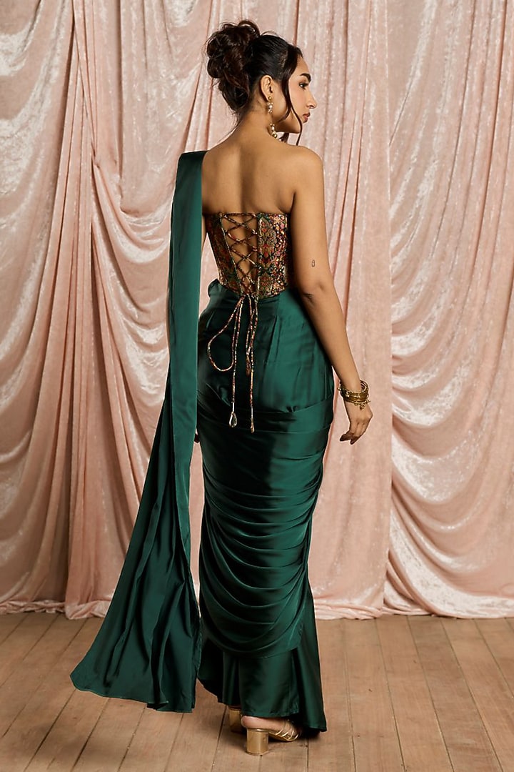 Green Satin Draped Festive Saree Set by Saanjh by Lea at Pernia's Pop Up Shop