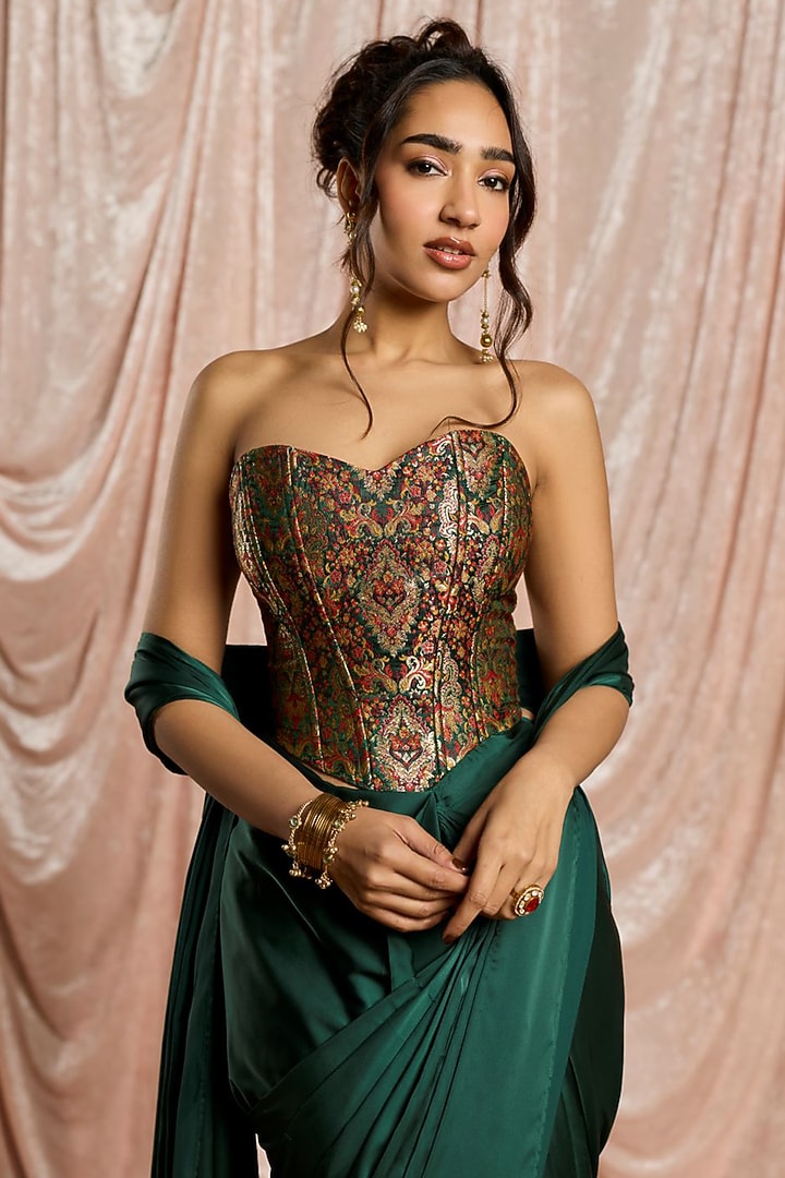 Green Satin Draped Festive Saree Set by Saanjh by Lea at Pernia's Pop Up Shop