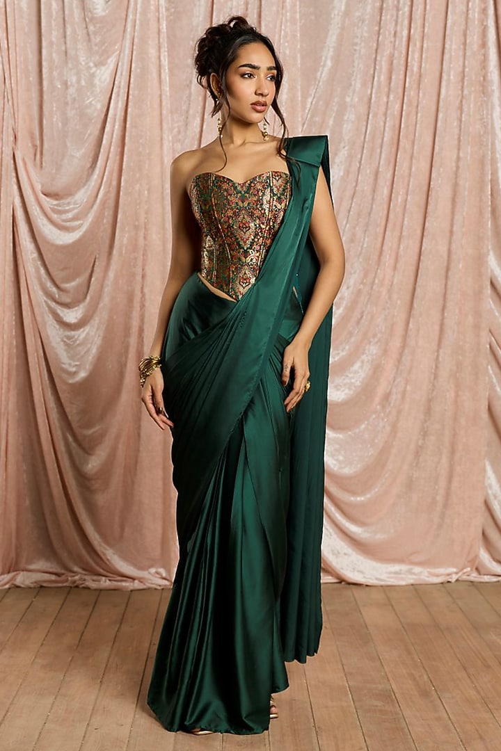 Green Satin Draped Festive Saree Set by Saanjh by Lea at Pernia's Pop Up Shop