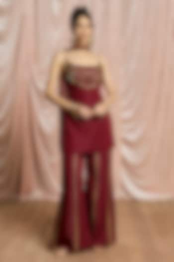 Burgundy Chiffon Sharara Set by Saanjh by Lea at Pernia's Pop Up Shop