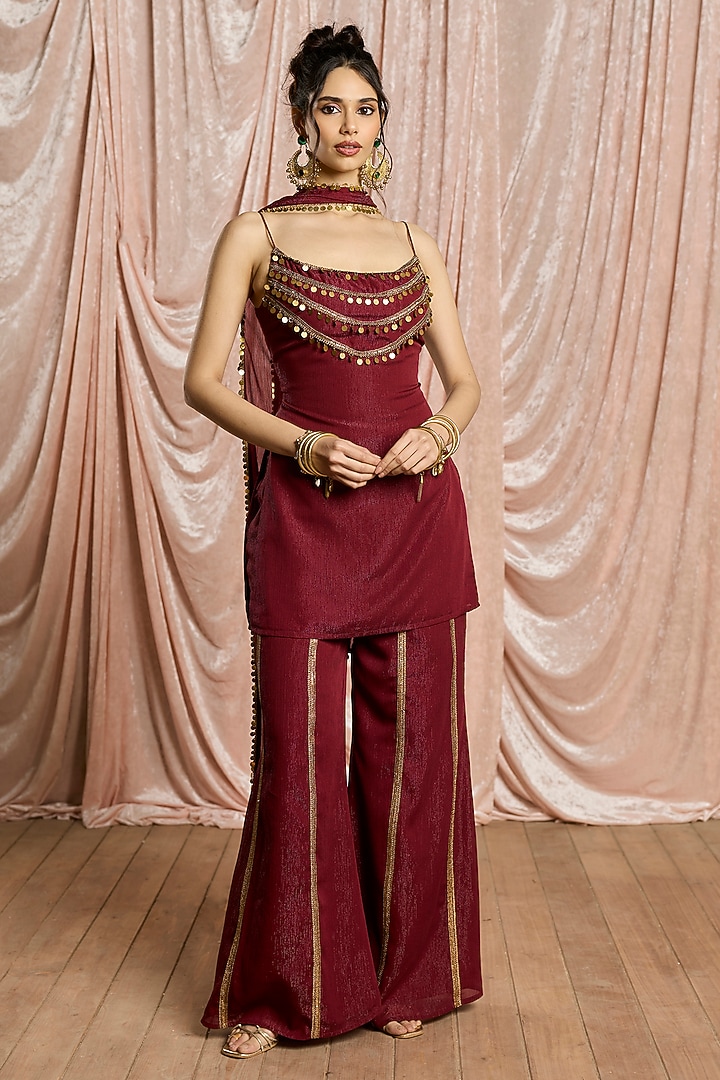 Burgundy Chiffon Sharara Set by Saanjh by Lea at Pernia's Pop Up Shop