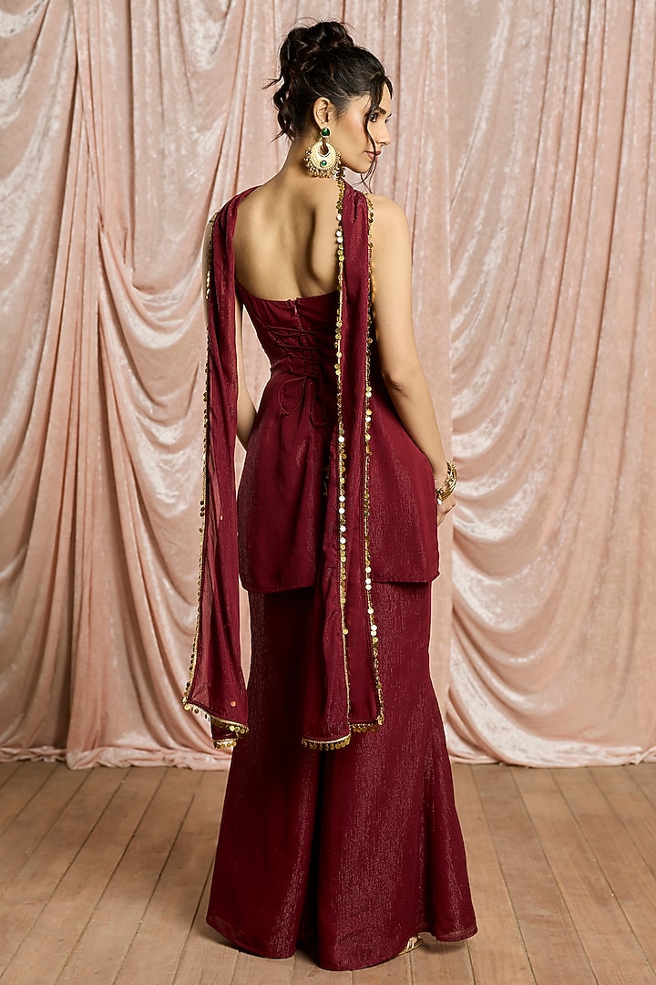 Burgundy Chiffon Sharara Set by Saanjh by Lea at Pernia's Pop Up Shop