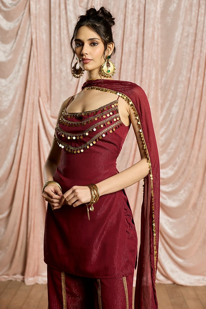 Burgundy Chiffon Sharara Set by Saanjh by Lea at Pernia's Pop Up Shop