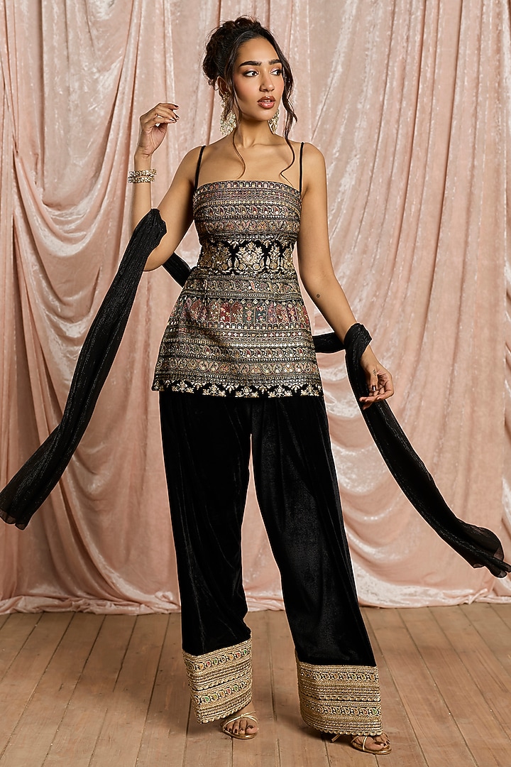 Black Velvet Embroidered Sharara Set by Saanjh by Lea at Pernia's Pop Up Shop
