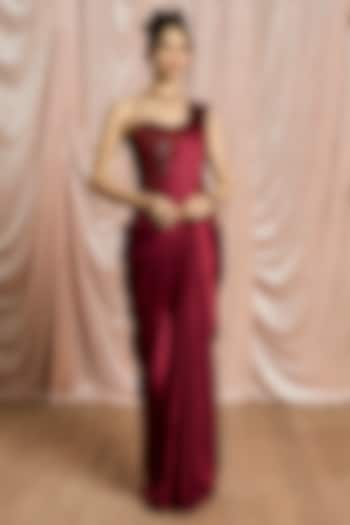 Burgundy Satin Draped Festive Saree Set by Saanjh by Lea at Pernia's Pop Up Shop