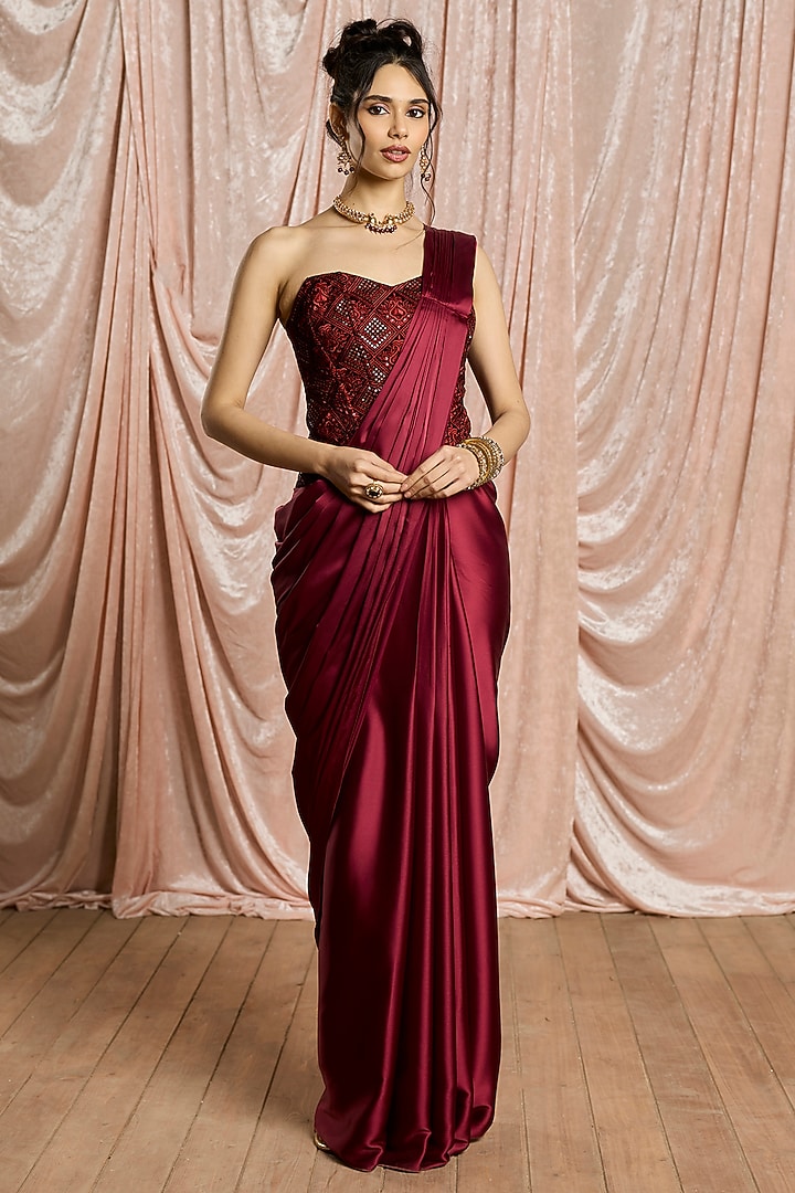 Burgundy Satin Draped Festive Saree Set by Saanjh by Lea at Pernia's Pop Up Shop