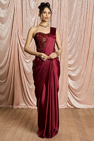 Burgundy Satin Draped Saree Set by Saanjh by Lea