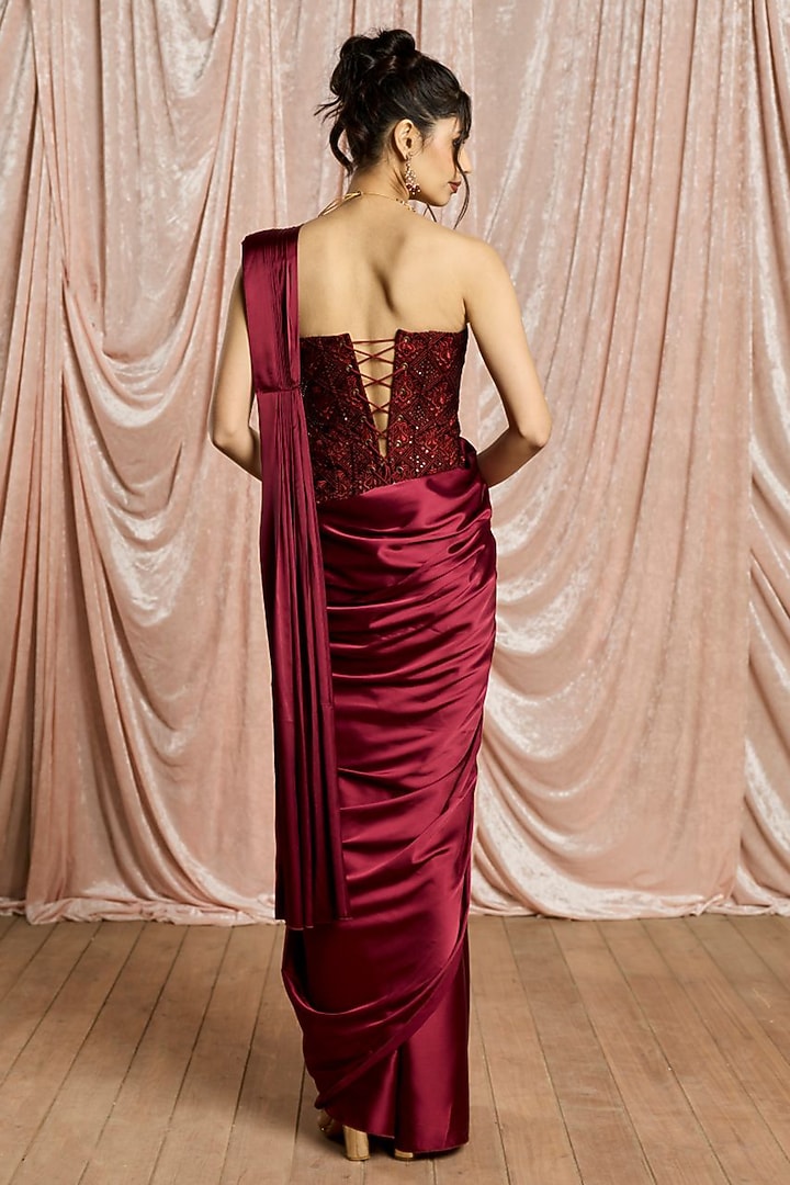 Burgundy Satin Draped Festive Saree Set by Saanjh by Lea at Pernia's Pop Up Shop
