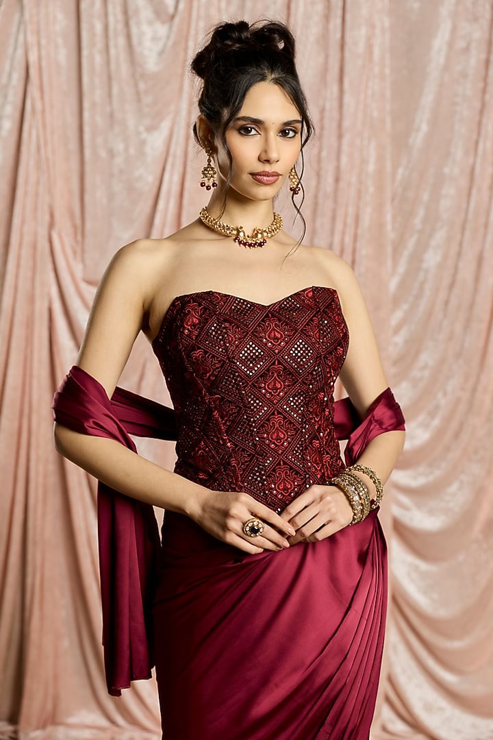 Burgundy Satin Draped Festive Saree Set by Saanjh by Lea at Pernia's Pop Up Shop