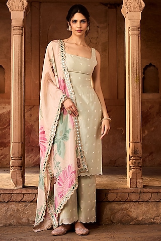 Sage Green Chanderi Mirror Embroidered Kurta Set by Saanjh by Lea
